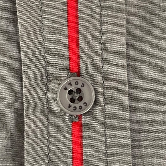 Vintage Coca Cola Mens M Gray Striped Logo Patch Button Down Work Shirt - Picture 5 of 6